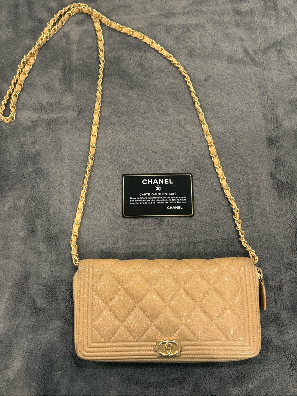 Chanel Boy Beige Quilted Caviar Leather Chain Shoulder Crossbody Bag - Picture 2 of 11